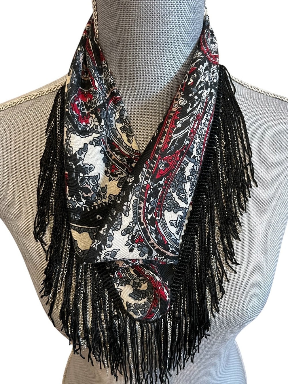Free People Chase Me Chain Bandana in Black, White & Red Fringed Paisley